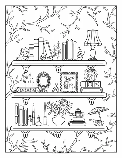 Book Coloring Page for Adults: Books and decorations fill a shelf with vases, candles, and a branch-patterned wall