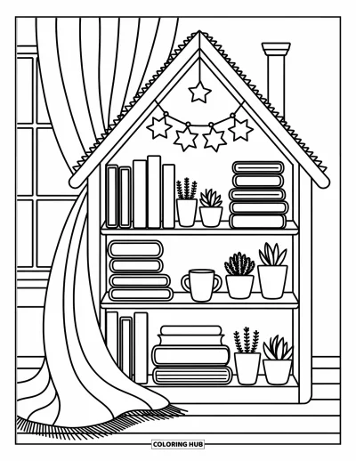 Book Coloring Page for Adults: Books and mugs fill a house-shaped shelf beside curtains and a cozy blanket