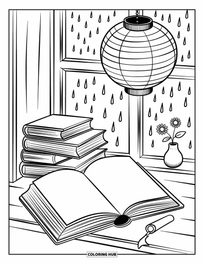 Book Coloring Page for Adults: Books and raindrops fill a cozy nook with a glowing lantern and a soft breeze