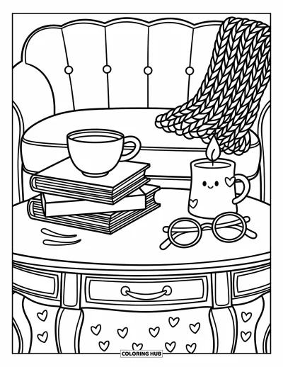 Book Coloring Page for Adults: Books and tea sit by a candle and glasses with a cozy sofa in the back