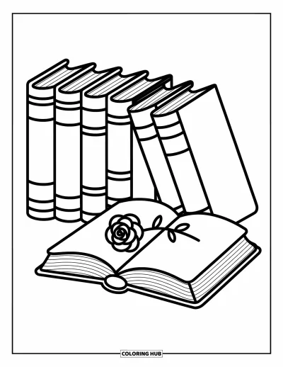 Book Coloring Page for Adults: Books lean together with a rose inside one, framed by cute clouds and tiny doodles