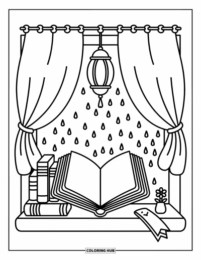 Book Coloring Page for Adults: Books rest by a glowing lantern with raindrops on the window and tiny details nearby