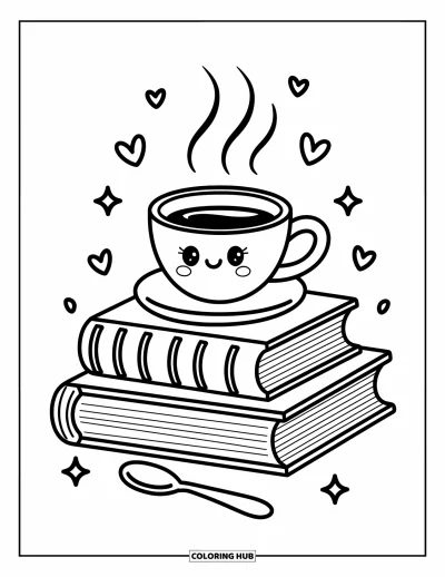 Book Coloring Page for Adults: Books stack up under a steaming coffee cup with hearts and stars floating nearby