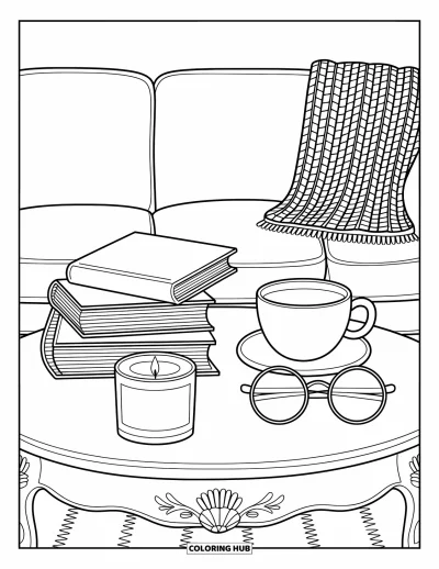 Book Coloring Page for Adults: Books, tea, and a candle sit on a table near glasses and a cozy sofa