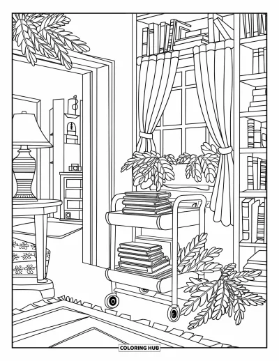 Book Coloring Page for Adults: Books, tea, and plants gather in a warm corner with a lamp and cozy details