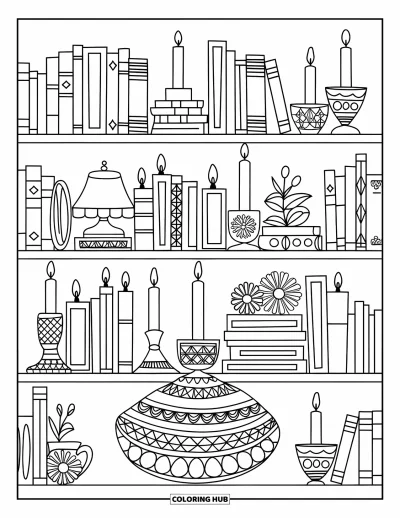 Book Coloring Page for Adults: Candles and dishes decorate a colorful bookshelf filled with books and playful items