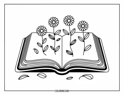Book Coloring Page for Adults: Delicate flowers rise from an open book, with soft petals gently surrounding it