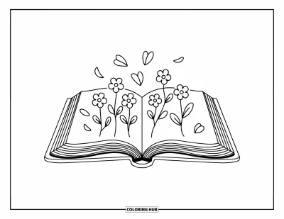 Book Coloring Page for Adults: Flowers grow from book pages while petals fall gently around