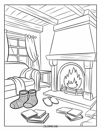 Book Coloring Page for Adults: Slippers and books lie near a glowing fireplace in a cozy room