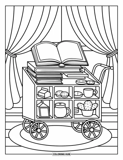 Book Coloring Page for Adults: Storybooks and snacks fill a whimsical teacart with curtains gently blowing nearby