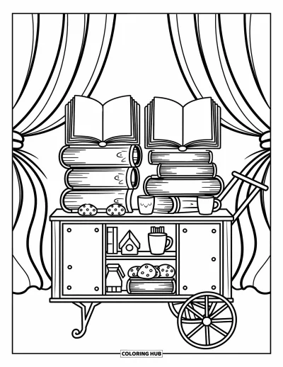 Book Coloring Page for Adults: Storybooks and treats fill a teacart with fluttering curtains adding a cozy breeze