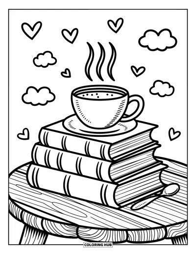 Book Coloring Page for Adults: Three books stacked with a coffee cup and spoon surrounded by hearts and clouds