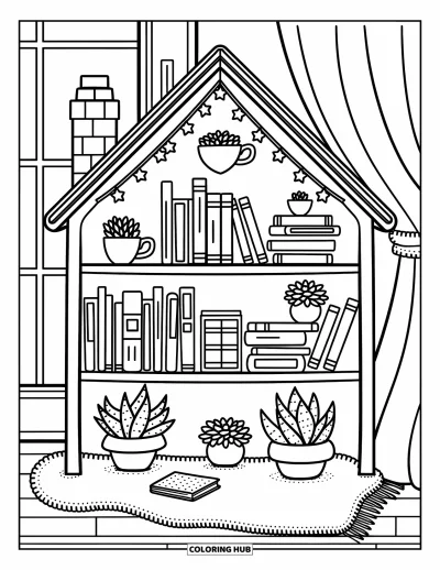 Book Coloring Page for Adults: Tiny books and plants rest on a house-shaped shelf beside a soft blanket