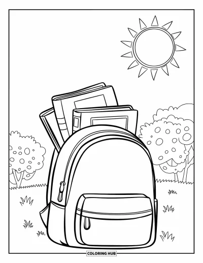 Book Coloring Page for Kids: A backpack with books sits in the grass under the sunny sky