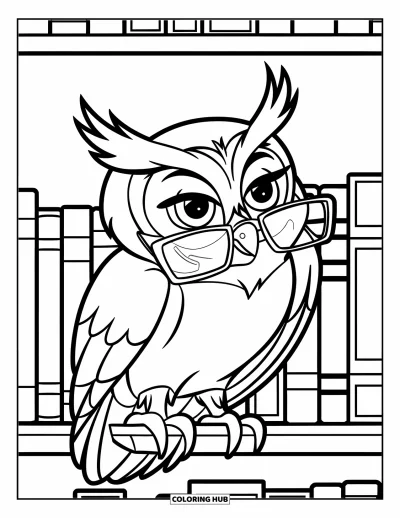 Book Coloring Page for Kids: A bookish owl in glasses rests on a shelf lined with books