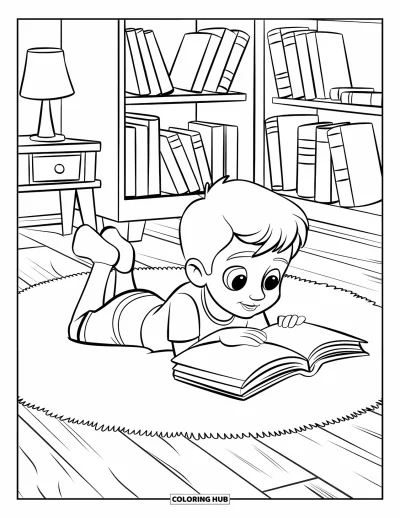 Book Coloring Page for Kids: A boy reads on a bright rug beside a full bookshelf and a small table