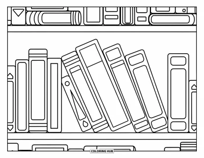 Book Coloring Page for Kids: A cheerful book shelf shows books leaning in fun directions