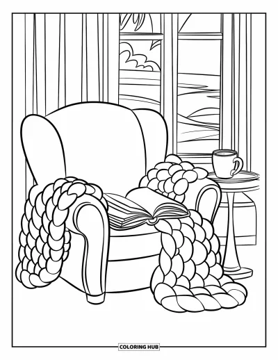 Book Coloring Page for Kids: A comfy armchair with a blanket, book, and cocoa sits beside a big window