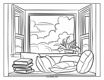 Book Coloring Page for Kids: A comfy window seat with books and a potted plant sits under a cloudy sky