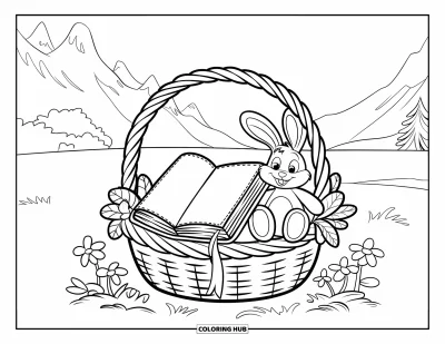 Book Coloring Page for Kids: A cozy basket holds a book and bunny surrounded by flowers and hills