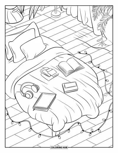 Book Coloring Page for Kids: A cozy bed corner with headphones, books, and fairy lights feels peaceful and snug