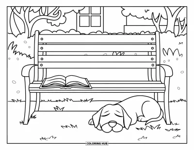 Book Coloring Page for Kids: A cozy bench holds an open book and a sleepy pup in a peaceful garden
