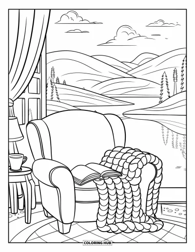 Book Coloring Page for Kids: A cozy corner with a chair, cocoa, and book overlooks a peaceful landscape