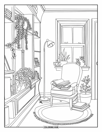 Book Coloring Page for Kids: A cozy nook with plants, books, and a lamp rests near a window and wooden shelves