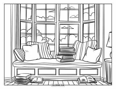Book Coloring Page for Kids: A cozy room with a window seat, books, and a lamp sets a warm mood
