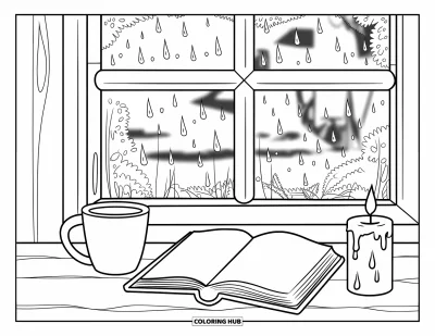 Book Coloring Page for Kids: A cozy table sits near a rainy window with a candle, book, and mug