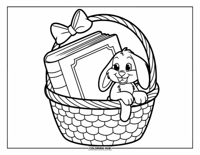 Book Coloring Page for Kids: A cute bunny sits beside a book in a bow-tied basket