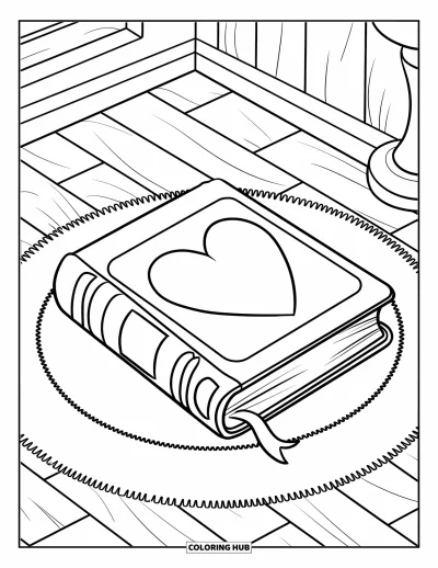 Book Coloring Page for Kids: A fluffy rug holds a book titled "Love is in the Air" with a heart on the cover