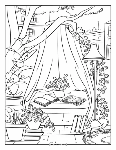 Book Coloring Page for Kids: A peaceful reading nook under a tree is filled with plants, books, and soft light