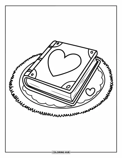 Book Coloring Page for Kids: A pink-spined book with a heart sits on a soft rug with two little hearts nearby