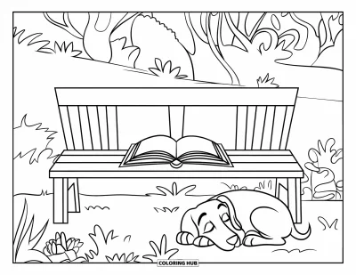 Book Coloring Page for Kids: A quiet bench, open book, and sleepy pup rest in a tree-filled garden