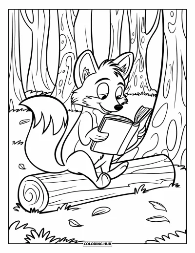 Book Coloring Page for Kids: A quiet fox reads a book while sitting on a leafy forest log