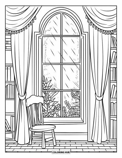 Book Coloring Page for Kids: A rainy reading nook with potted plants and a wooden chair invites quiet moments