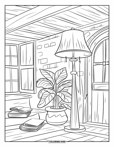 Book Coloring Page for Kids: A rustic reading corner glows with a lamp, books, and potted plants by a brick wall