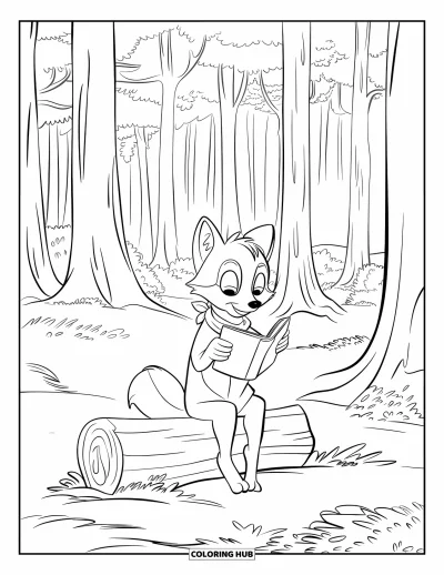 Book Coloring Page for Kids: A scarfed fox reads peacefully on a log in a wide, open forest