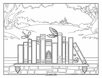 Book Coloring Page for Kids: A shelf holds books and magical trinkets with a castle scene in the distance