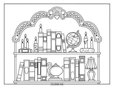 Book Coloring Page for Kids: A shelf with candles, books, and tiny treasures stands under a decorative arch