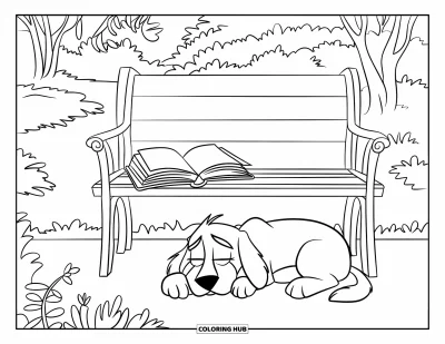 Book Coloring Page for Kids: A sleepy dog naps near a garden bench with an open book and soft plants nearby
