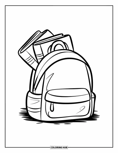 Book Coloring Page for Kids: A small backpack with books sticks out on the ground, ready for adventure