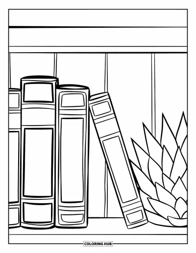 Book Coloring Page for Kids: A small succulent rests beside four large, labeled books on a tidy shelf