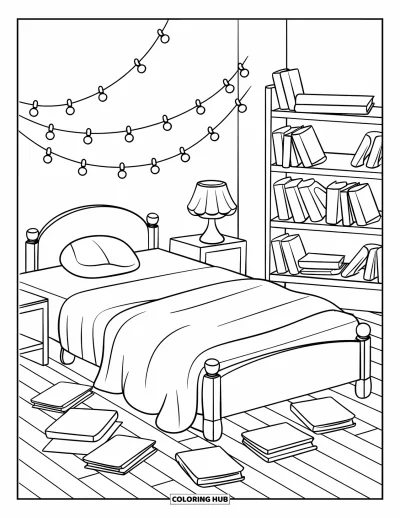 Book Coloring Page for Kids: A snug bedroom glows with string lights and books, with a soft blanket on the bed