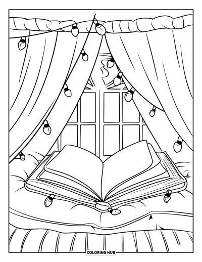Book Coloring Page for Kids: A soft book fort decorated with lights sits in a peaceful room