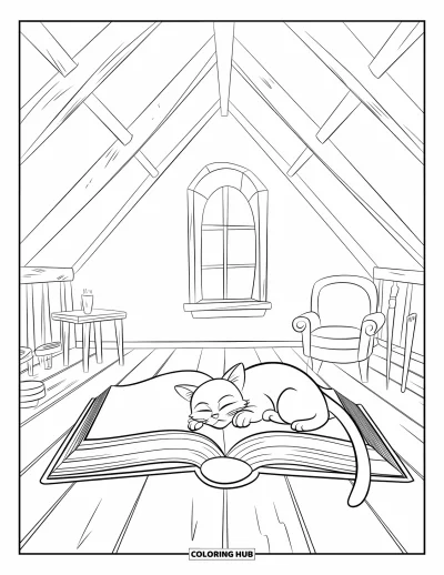 Book Coloring Page for Kids: A soft-lit attic with books and a sleepy cat creates a peaceful hideaway