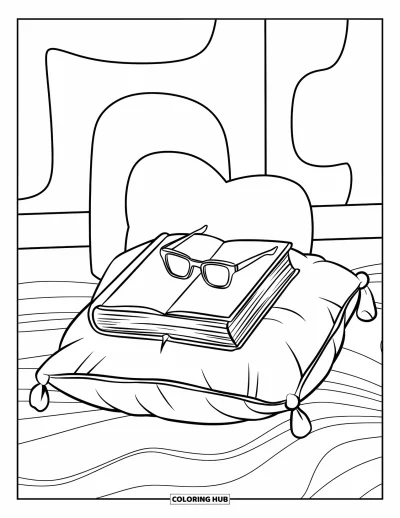 Book Coloring Page for Kids: A soft pillow holds a book and glasses with bold, simple shapes