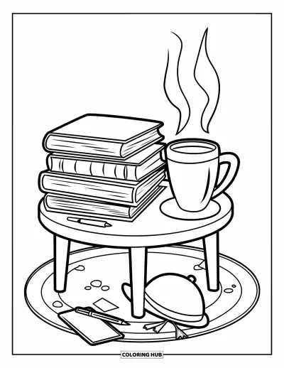 Book Coloring Page for Kids: A stack of books and a mug sit on a cozy rug with scattered items