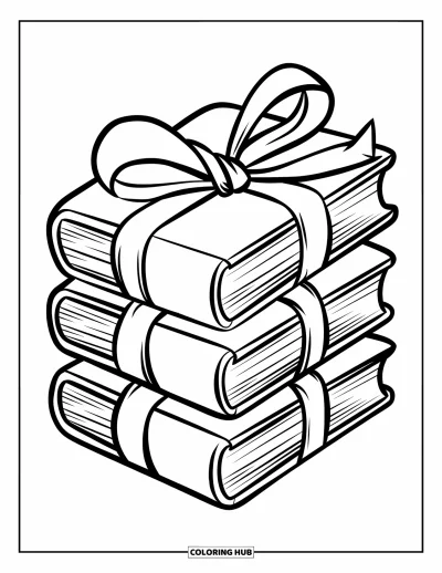 Book Coloring Page for Kids: A stack of chunky books with Mickey Mouse designs is wrapped in a ribbon bow